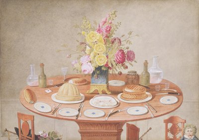 Stillleben mit einer Vase Blumen auf einem für eine Mahlzeit gedeckten Tisch, ca. 1810 von Jean Louis Prevost